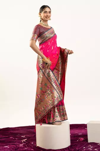 Pink faux banarasi silk blend paithani woven ethnic partywear saree