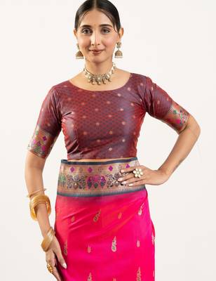Pink faux banarasi silk blend paithani woven ethnic partywear saree 5