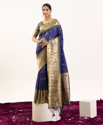 Blue faux banarasi silk blend paithani woven ethnic partywear saree 1