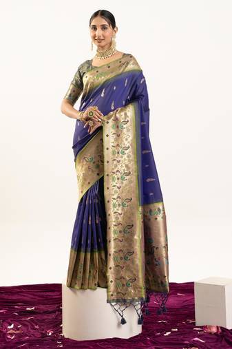 Blue color banarasi silk fabric paithani woven designer ethnic partywear saree
