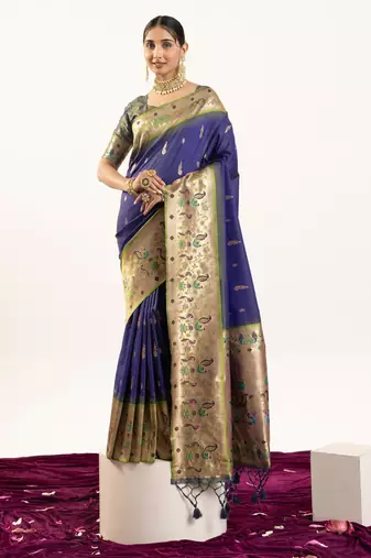 Blue color banarasi silk fabric paithani woven designer ethnic partywear saree