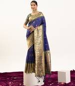 Blue faux banarasi silk fabric paithani woven designer ethnic partywear saree
