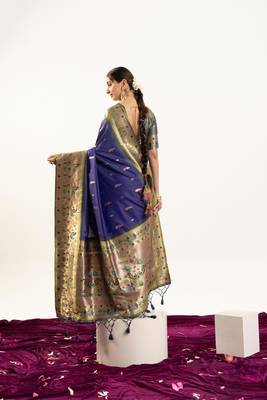Blue faux banarasi silk blend paithani woven ethnic partywear saree 2