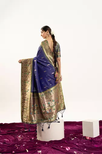 Blue faux banarasi silk blend paithani woven ethnic partywear saree