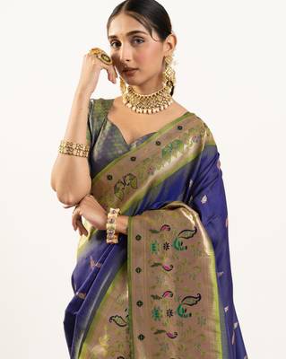 Blue faux banarasi silk blend paithani woven ethnic partywear saree 3