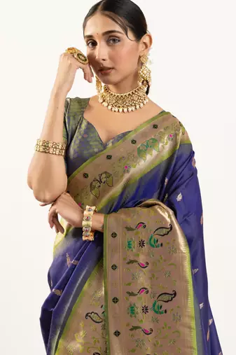 Blue faux banarasi silk blend paithani woven ethnic partywear saree