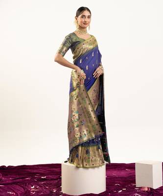 Blue faux banarasi silk blend paithani woven ethnic partywear saree 4