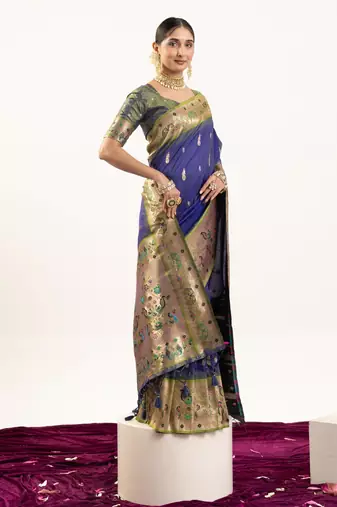 Blue faux banarasi silk blend paithani woven ethnic partywear saree