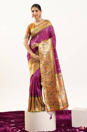Wine color banarasi silk fabric paithani woven designer ethnic partywear saree