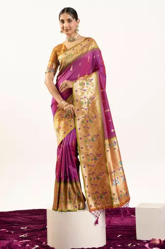 Wine color banarasi silk fabric paithani woven designer ethnic partywear saree