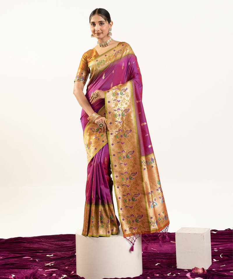 Wine color banarasi silk fabric paithani woven designer ethnic partywear saree
