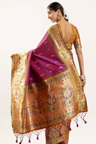 Wine faux banarasi silk blend paithani woven ethnic partywear saree
