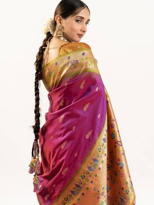 Wine faux banarasi silk blend paithani woven ethnic partywear saree 3