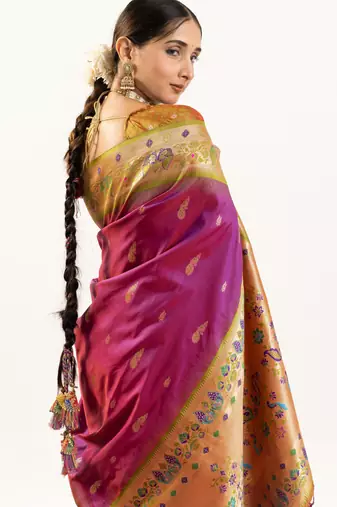 Wine faux banarasi silk blend paithani woven ethnic partywear saree
