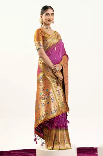 Wine faux banarasi silk blend paithani woven ethnic partywear saree