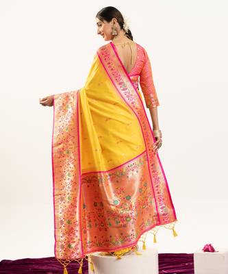 Yellow faux banarasi silk blend paithani woven ethnic partywear saree 2