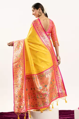 Yellow faux banarasi silk blend paithani woven ethnic partywear saree