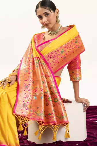Yellow faux banarasi silk blend paithani woven ethnic partywear saree