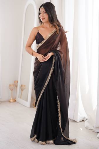 Black color bollywood style ethnic partywear frendy satin fabric saree