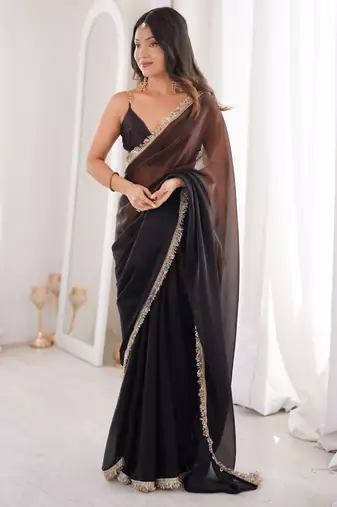 Black color bollywood style ethnic partywear frendy satin fabric saree