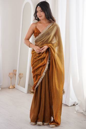 Gold color bollywood style ethnic partywear frendy satin fabric saree