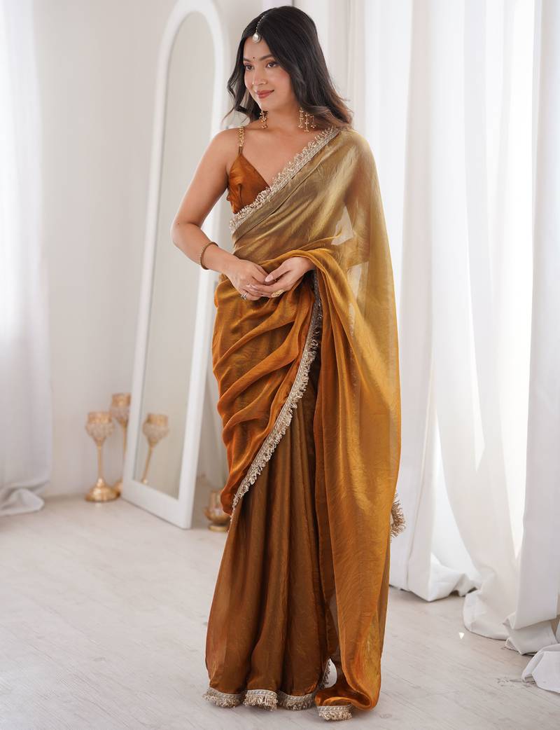 Gold color bollywood style ethnic partywear frendy satin fabric saree