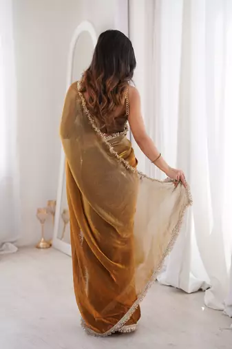 Gold style ethnic partywear frendy satin saree