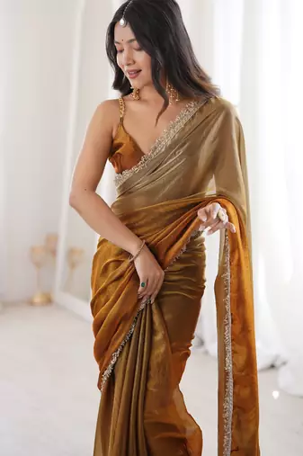 Gold style ethnic partywear frendy satin saree