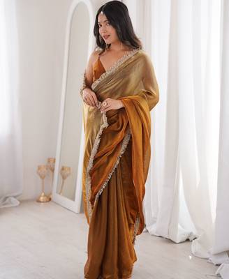 Gold style ethnic partywear frendy satin saree 4