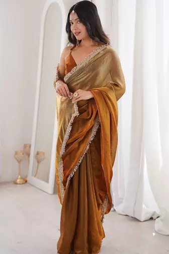 Gold style ethnic partywear frendy satin saree