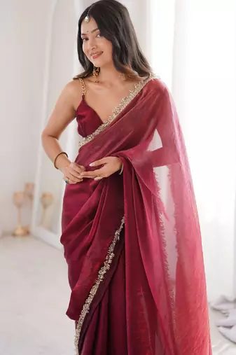 Maroon style ethnic partywear frendy satin saree