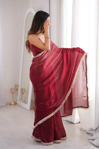 Maroon style ethnic partywear frendy satin saree