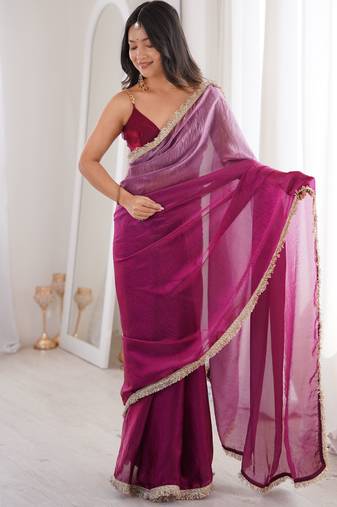 Wine color bollywood style ethnic partywear frendy satin fabric saree