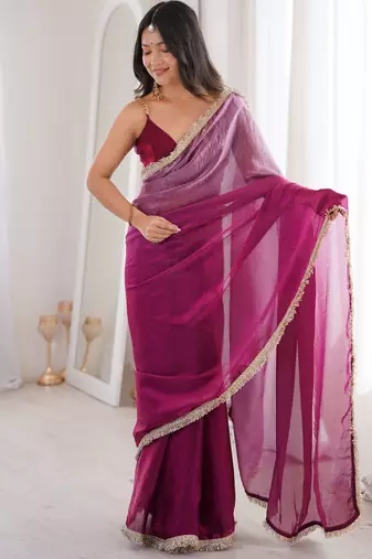 Wine color bollywood style ethnic partywear frendy satin fabric saree