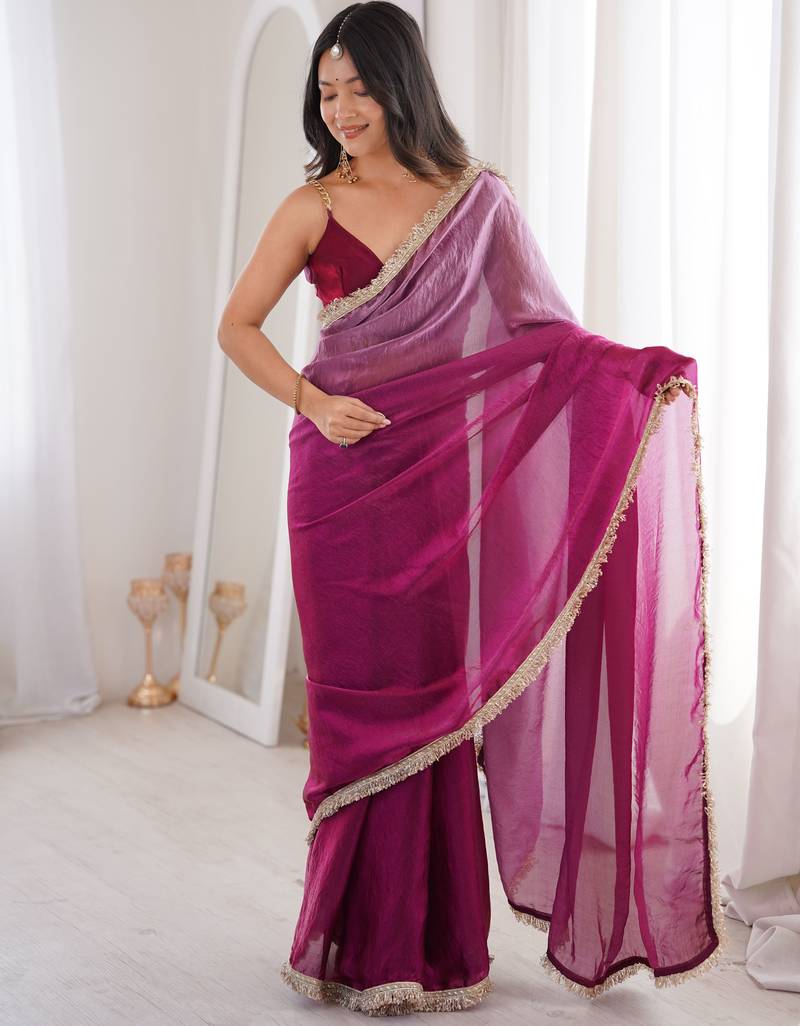 Wine color bollywood style ethnic partywear frendy satin fabric saree