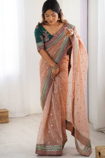 Peach color banarasi crush fabric designer partywear saree for bollywood looks