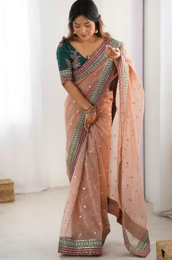 Peach faux banarasi crush fabric designer partywear saree 