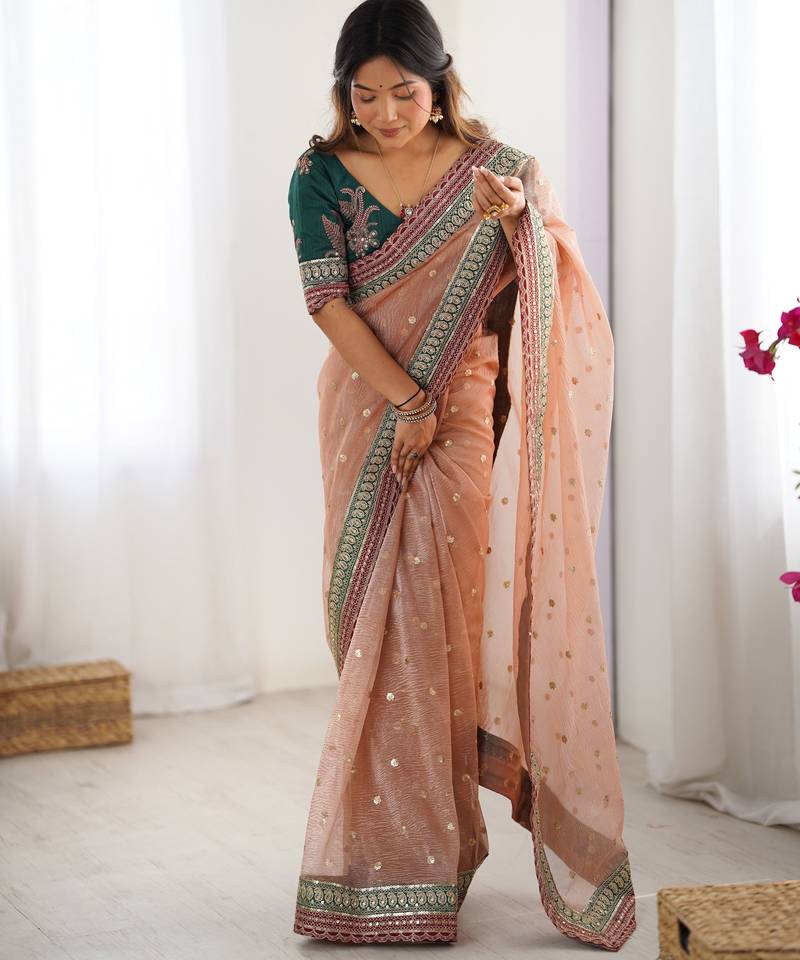 Peach color banarasi crush fabric designer partywear saree for bollywood looks