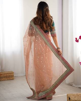 Peach faux banarasi crush partywear saree  2