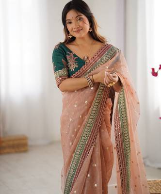 Peach faux banarasi crush partywear saree  3