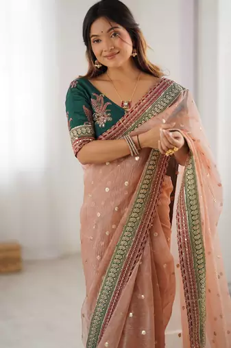 Peach faux banarasi crush partywear saree 