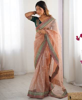 Peach faux banarasi crush partywear saree  4