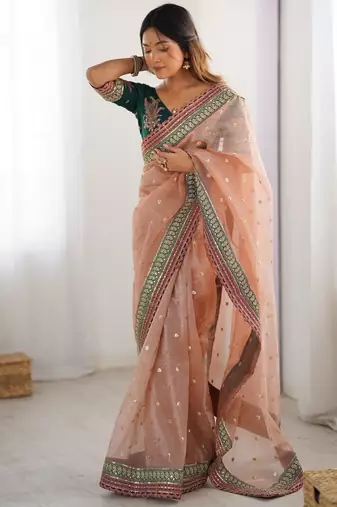 Peach faux banarasi crush partywear saree 