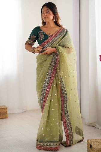 Pista color banarasi crush fabric designer partywear saree for bollywood looks