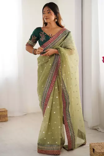 Pista faux banarasi crush fabric designer partywear saree 
