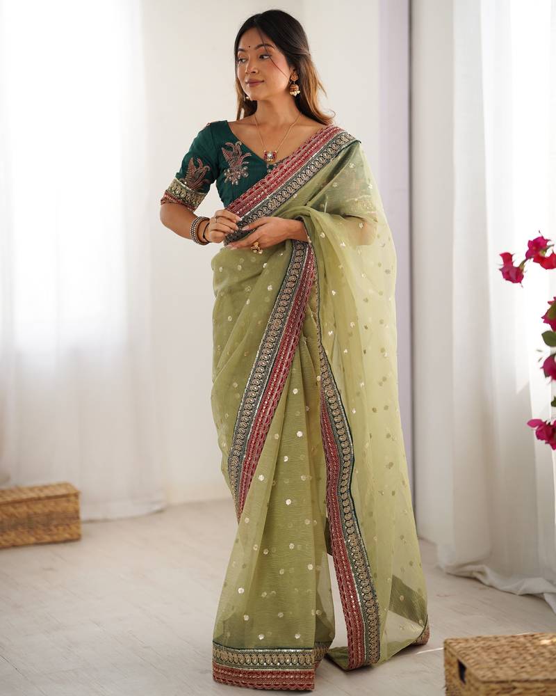 Pista color banarasi crush fabric designer partywear saree for bollywood looks
