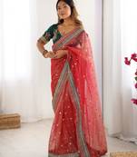 Red faux banarasi crush fabric designer partywear saree 
