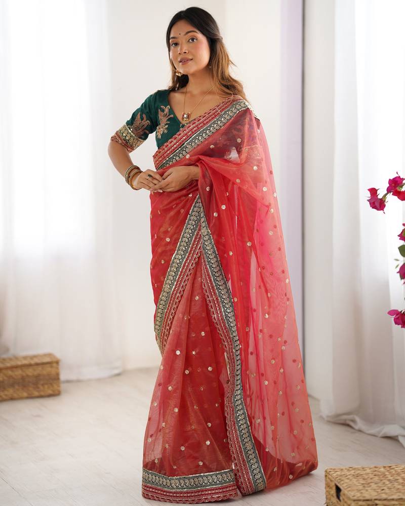 Red color banarasi crush fabric designer partywear saree for bollywood looks