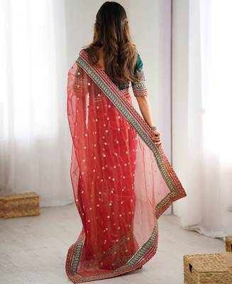 Red faux banarasi crush partywear saree  2