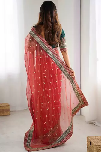 Red faux banarasi crush partywear saree 